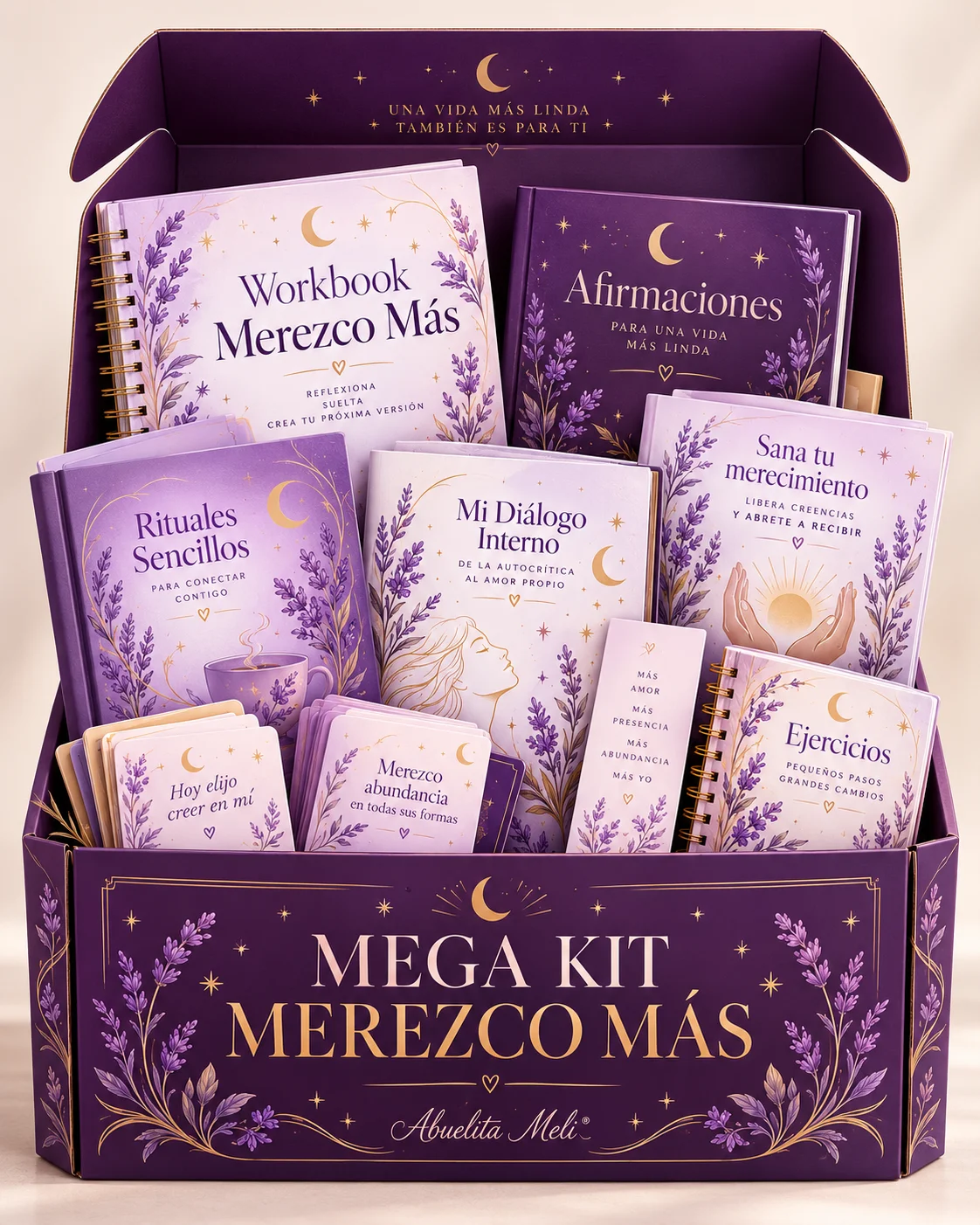 Mega Kit Merezco Más de Abuelita Meli: caja con sus cuadernos, libros y tarjetas de ejercicios para atraer abundancia