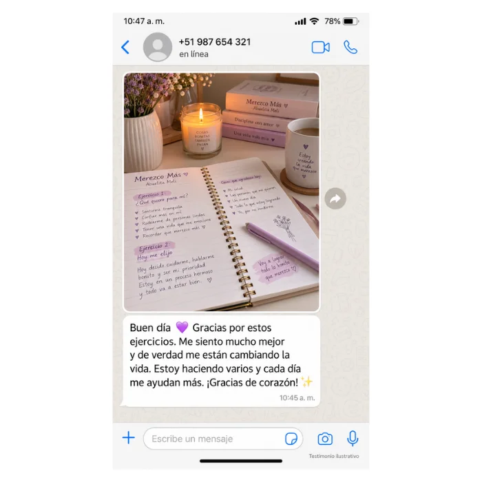 Captura de WhatsApp: una clienta agradece los ejercicios y cuenta que cada día le ayudan más